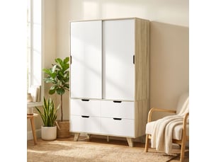Armoire chambre penderie, 2 portes coulissantes, 4 tiroirs, étagères réglables, barre de suspension, chêne et blanc