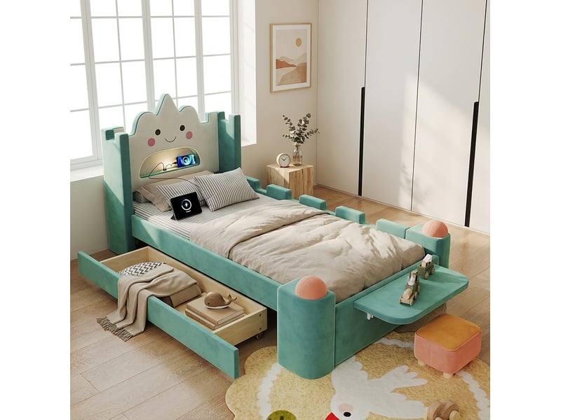 Lit enfant 90x200 cm en velours bleu-vert, led usb, tiroir et tablette rabattable - Conforama E