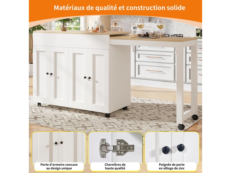 Table de bar extensible avec rangement - lpospi - 6 niches réglables, plateau coulissant, mdf blanc - Conforama E