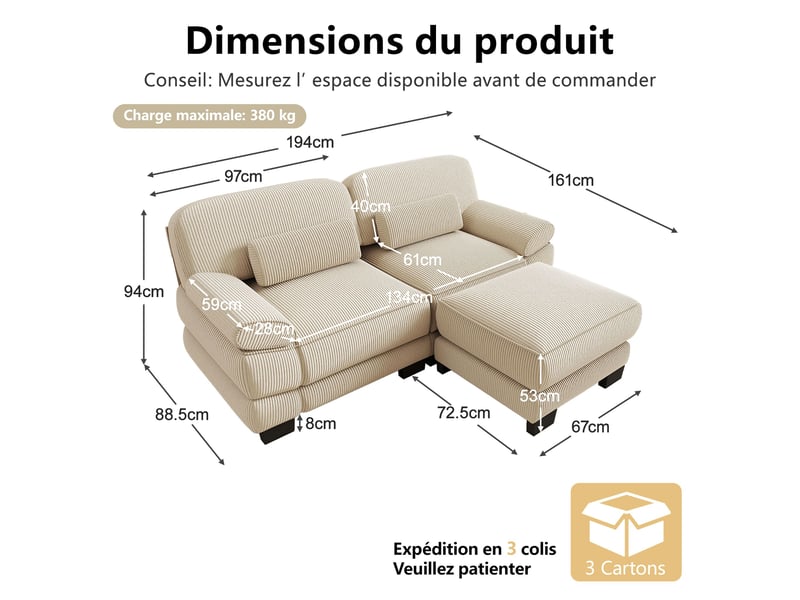  Canapé d’angle modulable 194 cm 2 places avec pouf, design carré épuré, base et accoudoirs à matelassage en canaux, velours côtelé, beige  - Conforama D