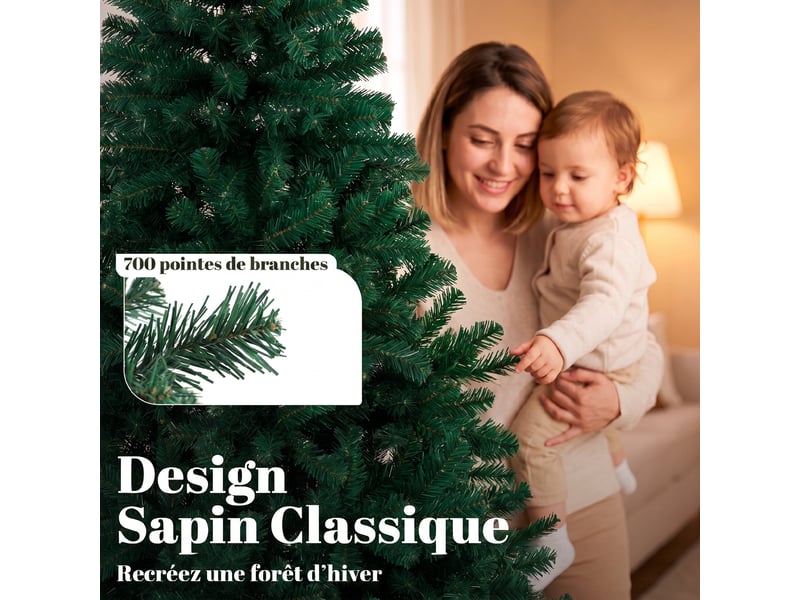  Sapin de noël artificiel 180 cm, support pliable en acier, arbre de noël avec 700 pointes de branches articulées, vert  - Conforama E