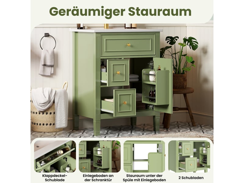  Meuble sous-vasque sur pieds 61 cm vert brillant, céramique et mdf, tiroir basculant, 2 tiroirs et porte fermeture douce  - Conforama C