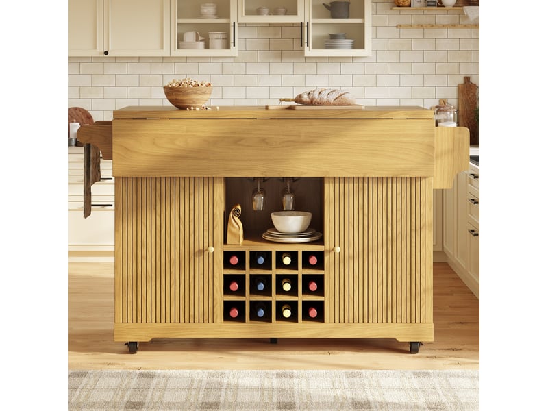  Desserte de cuisine mobile et îlot de cuisine extensible, chariot de service avec porte-bouteilles, hauteur 95 cm, bois naturel  - Conforama E