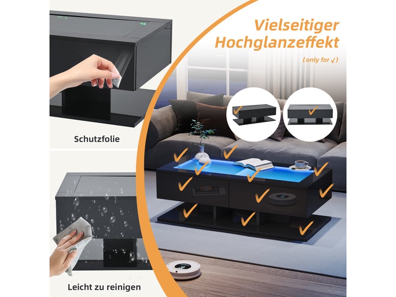  Table basse led rectangulaire 100 x 50 x 35 cm avec plateau en verre trempé, 2 tiroirs, finition laquée brillante, commande par application, noir  - Conforama E