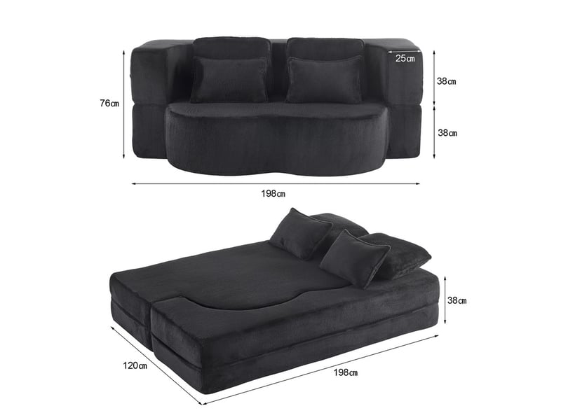  Canapé droit convertible ,2 places ,avec 4 coussins,aucun assemblage requis,198 x 60 x 70 cm,noir  - Conforama C