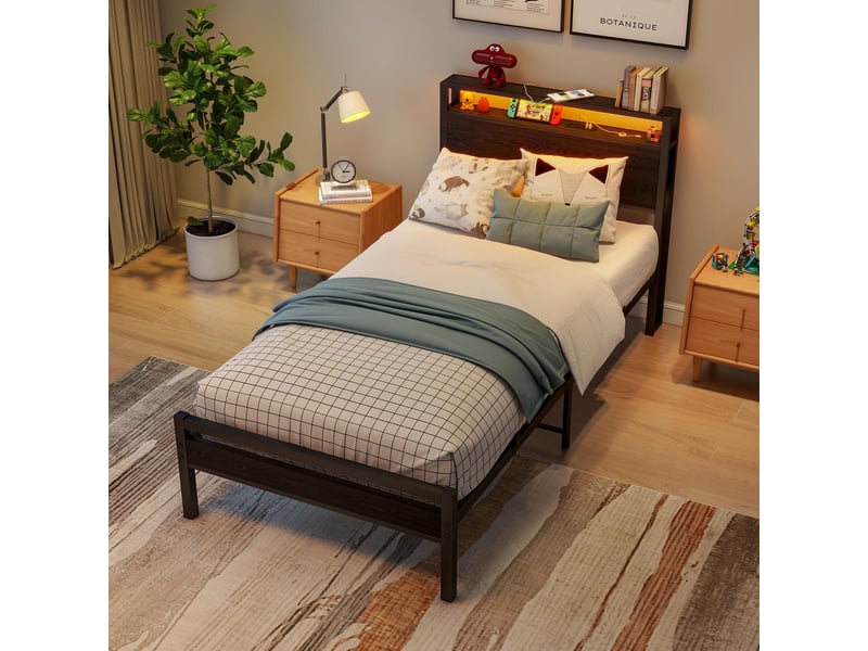  Lit simple 90x200, noir, mdf et métal, doté de prise, usb type-c, tête de lit 2 niveaux et rangement, sans matelas  - Conforama B