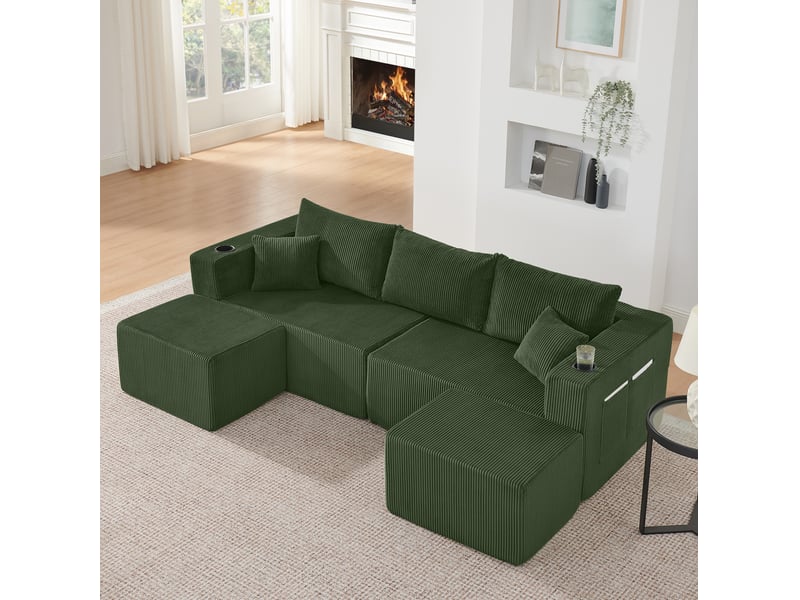  Canapé d'angle modulaire 3 places 230x138x75 cm velours côtelé vert  - Conforama B
