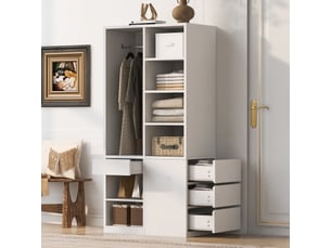 Armoire penderie 70x50x170 cm avec grand espace de suspension, dressing individuel avec plusieurs tiroirs, étagères ouvertes et rangements, blanc