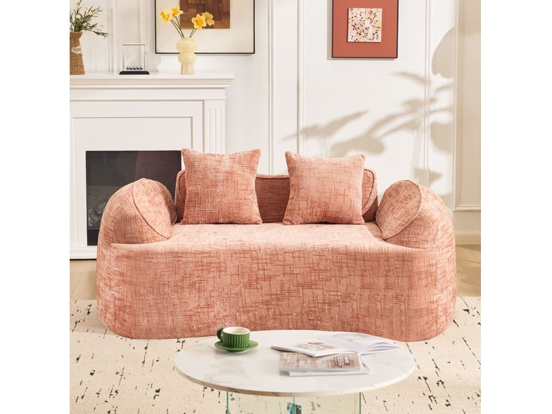  Canapé 2 places modenvie courbé rose 170 x 87 x 65 cm en chenille avec 2 coussins  - Conforama E