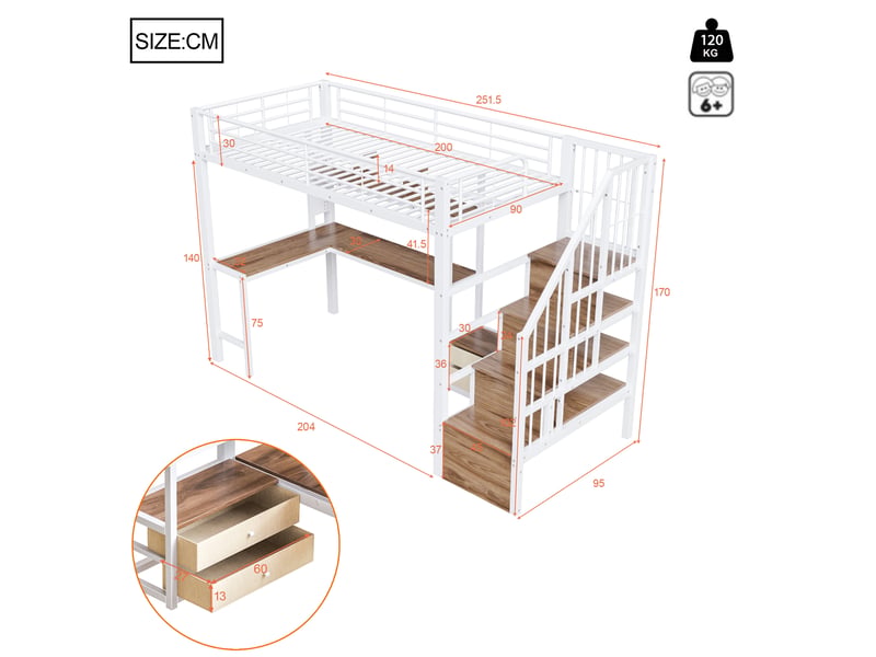  Lit mezzanine 90x200cm avec bande led,escalier avec rangement,fer lit superposé simple avec 2 tiroirs et grille,sans matelas,blanc CARDUME ESTIVAL - Conforama C