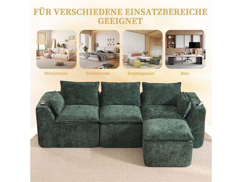 Canapé modulable 3 places en tissu chenille vert foncé, avec pouf, 2 poches latérales, porte-gobelets, 256×161×75 cm - Conforama W
