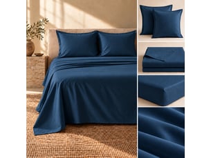 Ensemble literie 4 pièces drap plat 240 x 300 cm + drap housse 140x190 cm + 2 taies 63x63 cm percale 78 fils bleu
