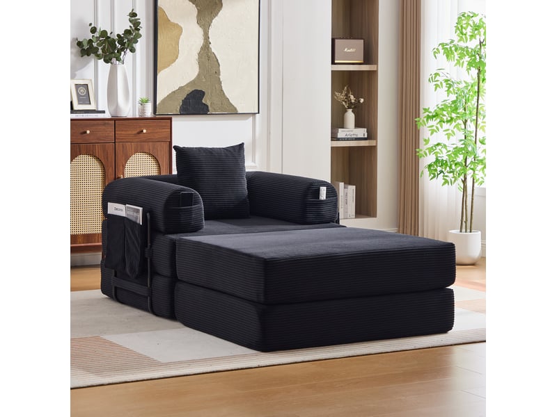 Fauteuil 1 place avec repose-pieds modulable en velours côtelé noir - Conforama D