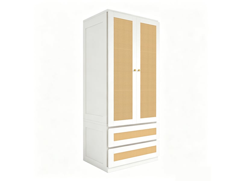  Armoire de chambre 70 x 55 x 170 cm avec tiroirs et étagères, façades imitation rotin, grande rangement, design moderne, blanc Sol Morn - Conforama A
