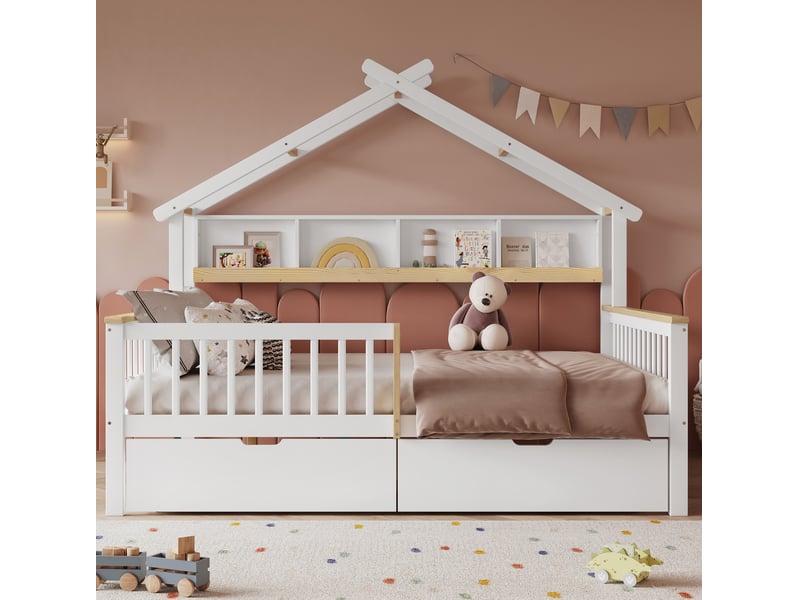  Lit enfant cabane 140 x 200 cm blanc et naturel avec barrières et tiroirs  - Conforama C