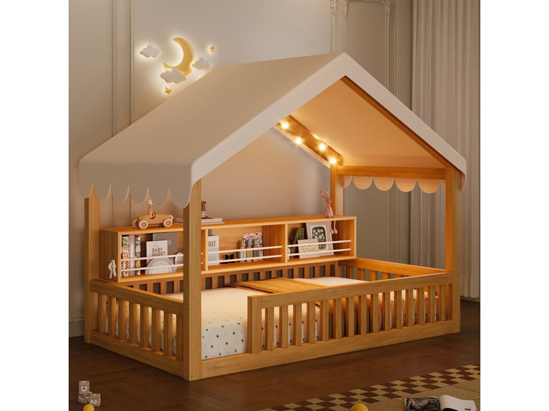  Lit au sol enfant 90x200 cm avec baldaquin, lit en bois avec guirlande led, bibliothèque et garde-corps de sécurité, naturel OPULERANE TRADING LTD - Conforama B