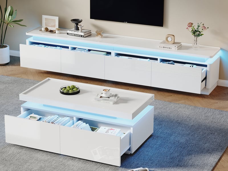  Ensemble meuble tv et table basse, esprit moderne et épuré, led intégrée, 4 tiroirs, laqué blanc brillant  - Conforama B
