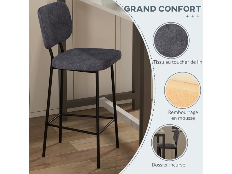  Lot de 2 tabourets de bar chaises chaises hautes de cuisine avec repose-pieds et dossier en tissu de lin et acier  - Conforama E