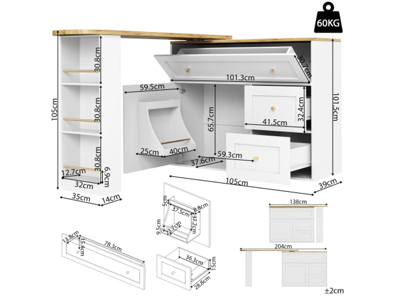  Servers, sideboards &amp; buffets - table de bar extensible avec rangement (138-204 × 39 × 105cm) buffet d'armoires de cuisine - mdf+metal - blanc - usage domestique - installation simple N620P31073132W - Conforama E