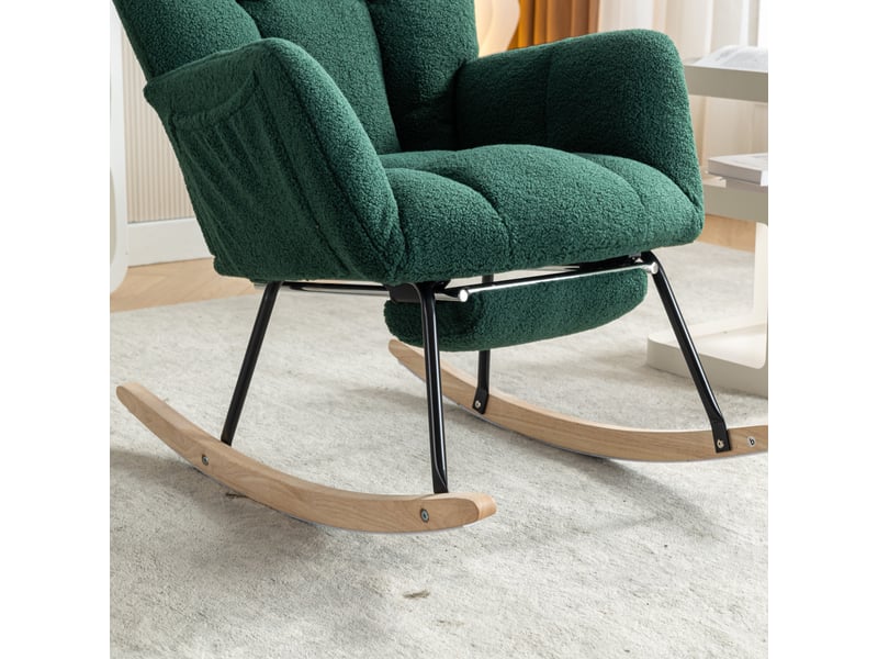  Fauteuil à bascule moderne avec rembourrage, revêtement en taffetas effet peluche et repose-pieds extensible, vert  - Conforama E