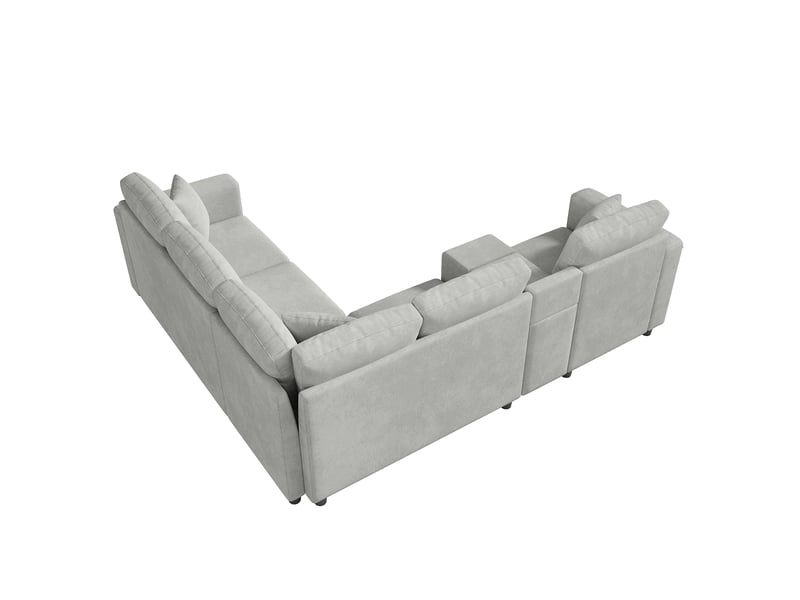  Canapé d'angle en l 5 places 235 cm gris clair en chenille, console coffre, porte-gobelets, usb-c et liseuse Fay Lum - Conforama D