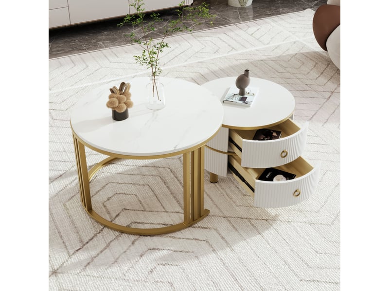  Table basse, 70x70x46 cm, effet marbre, 2-en-1, 2 tiroirs, style luxueux, design moderne et fonctionnel pour salon  - Conforama D