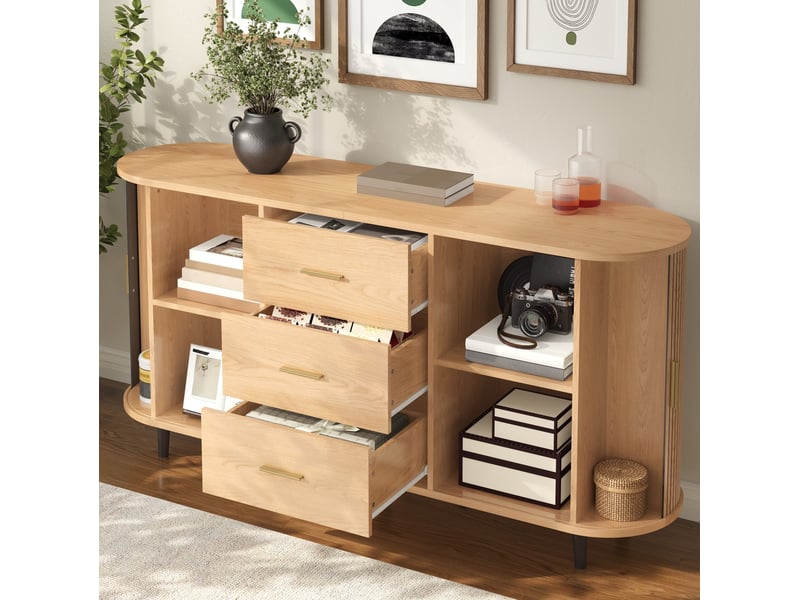 Buffet 160x40x80,5 cm avec 3 tiroirs, portes coulissantes et décor rainuré naturel - Conforama D