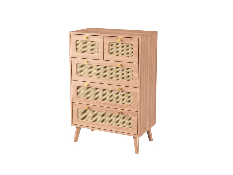  Commode 60 cm effet rotin, 5 tiroirs, buffet 60, commode chambre, meuble de rangement, style scandinave, chêne clair  - Conforama A