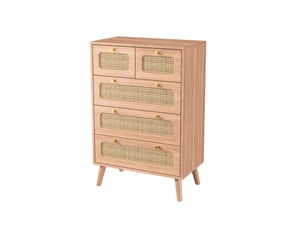 Commode 60 cm effet rotin, 5 tiroirs, buffet 60, commode chambre, meuble de rangement, style scandinave, chêne clair