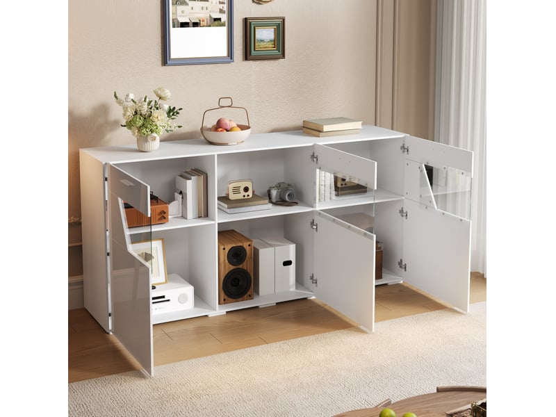 Buffet 3 portes 160x38x78 cm avec éclairage led contrôlable par application, panneau de particules, blanc brillant - Conforama D