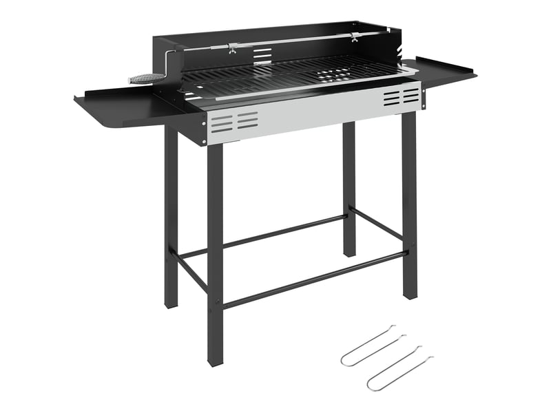  Barbecue au charbon portable avec broche rotative, tablettes pliables et pare-vent, 118x32x90 cm, noir  - Conforama A