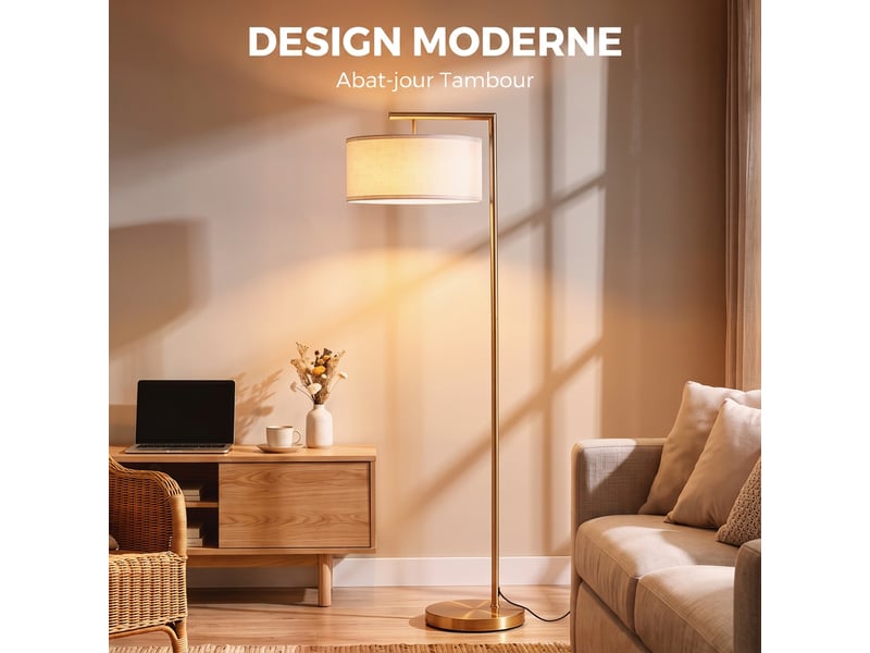  Lampadaire doré avec abat-jour en lin blanc, base ronde stable, éclairage de lecture pour salon, chambre ou bureau  - Conforama D
