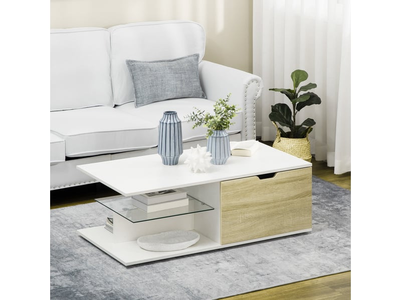  Table basse rectangulaire design contemporain 2 tiroirs 2 niches panneaux blanc aspect chêne clair étagère verre trempé  - Conforama A