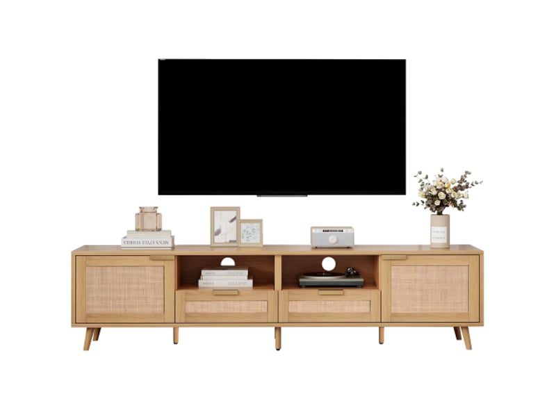 Meuble tv bois avec design en rotin véritable et pieds en bois massif, beaucoup d'espace de rangement  - Conforama A