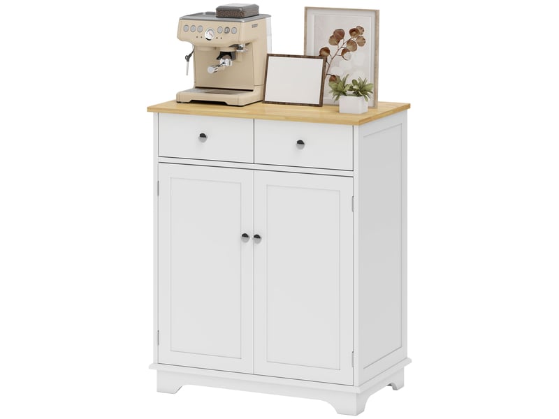  Meuble de rangement buffet salon avec placards à portes, 2 tiroirs et étagère réglable, armoire de rangement pour salon, cuisine, chambre, blanc et bois naturel  - Conforama B