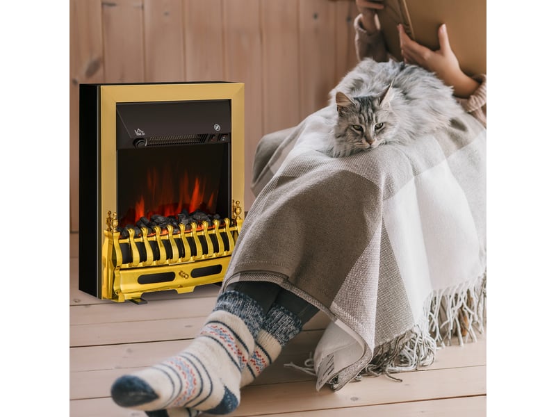  Cheminée électrique effet flamme style néo rétro, thermostat 1000 ou 2000 w, noir et doré  - Conforama D