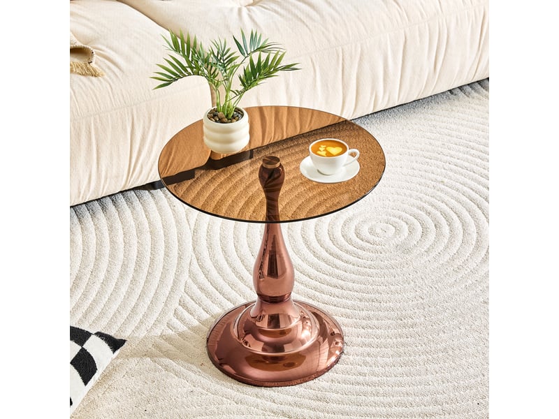  Table d’appoint ronde en verre trempé avec base antidérapante - lpospi - piètement métal brun 50 cm × 51,5 cm  - Conforama B