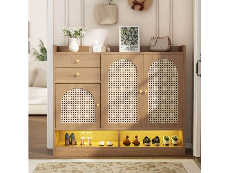  Meuble à chaussures 120x35x100 cm, 3 portes effet rotin et led, naturel  - Conforama D