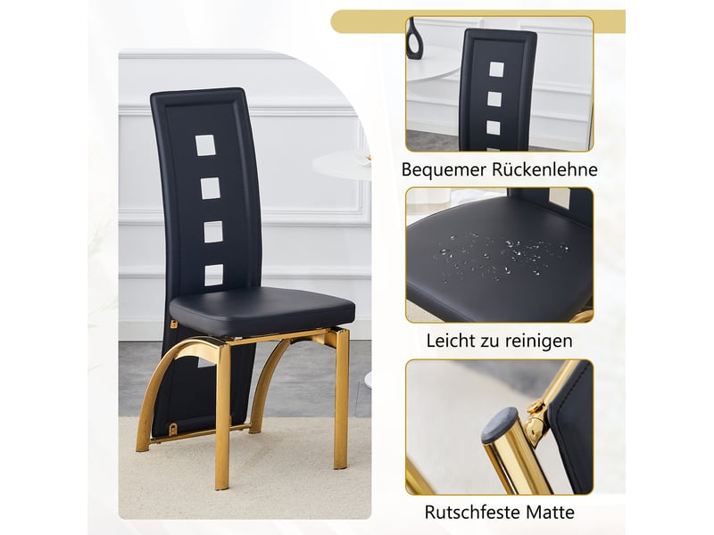  Chaises de salle à manger lot de 6 avec dossier ajouré et assise rembourrée, en cuir synthétique noir et métal doré  - Conforama D