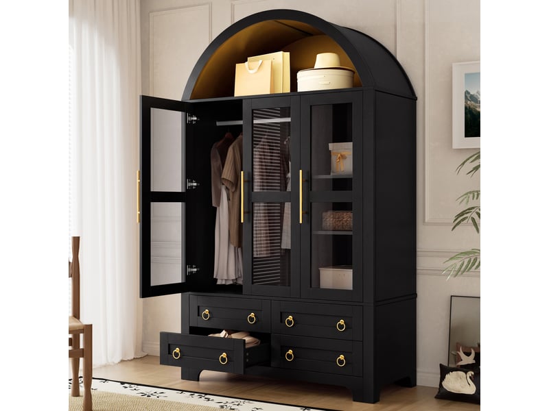 Vitrine haute 110x50x186 cm, 3 portes vitrées, penderie, 4 tiroirs, led par application, pour salon et salle à manger - noir - Conforama B