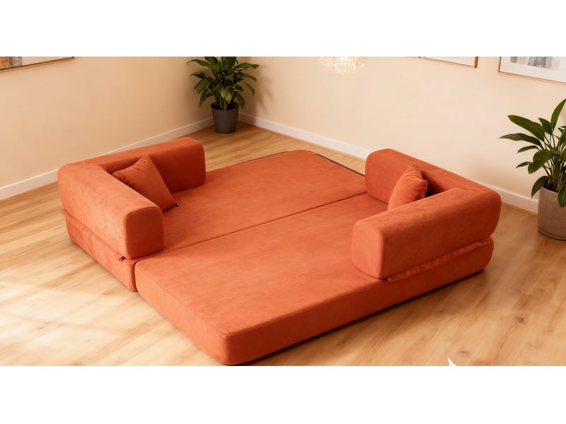 Canapé-lit convertible en velours côtelé - canapé de sol pliable avec oreillers cylindriques, style futon pour salon et chambre, orange - Conforama D