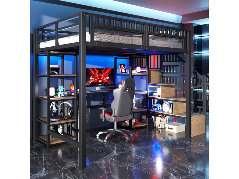  Lit mezzanine 140 x 200 cm bureau intégré rangements escalier led pilotable ports usb métal et mdf noir sans matelas  - Conforama W