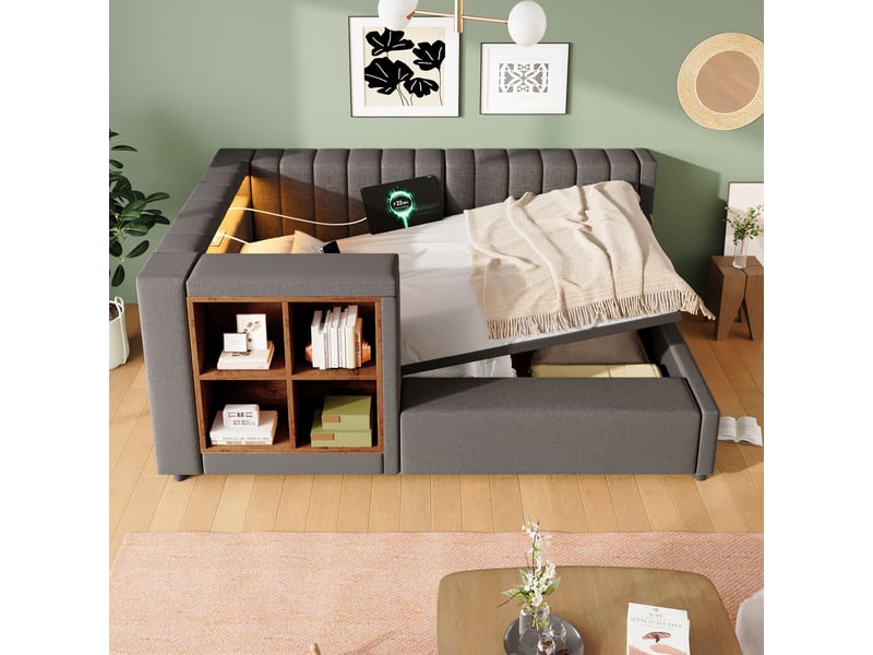  Lit banquette coffre 90x190 cm, banquette-lit, ouverture hydraulique, éclairage led, ports usb et type-c, sommier à lattes, lin gris CozyNest - Conforama D