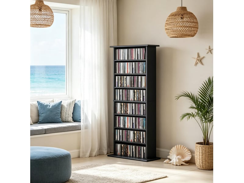  Meuble de rangement cd dvd 58x24x126,3 cm 8 compartiments, 6 tablettes réglables panneau de particules noir  - Conforama B