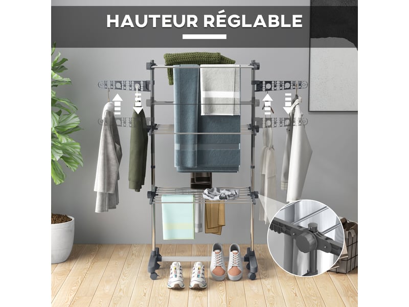 Séchoir à linge étendoir pliable ailes latérales utilisation intérieure et extérieure 3 niveaux 142 x 55 x 152 cm gris - Conforama E