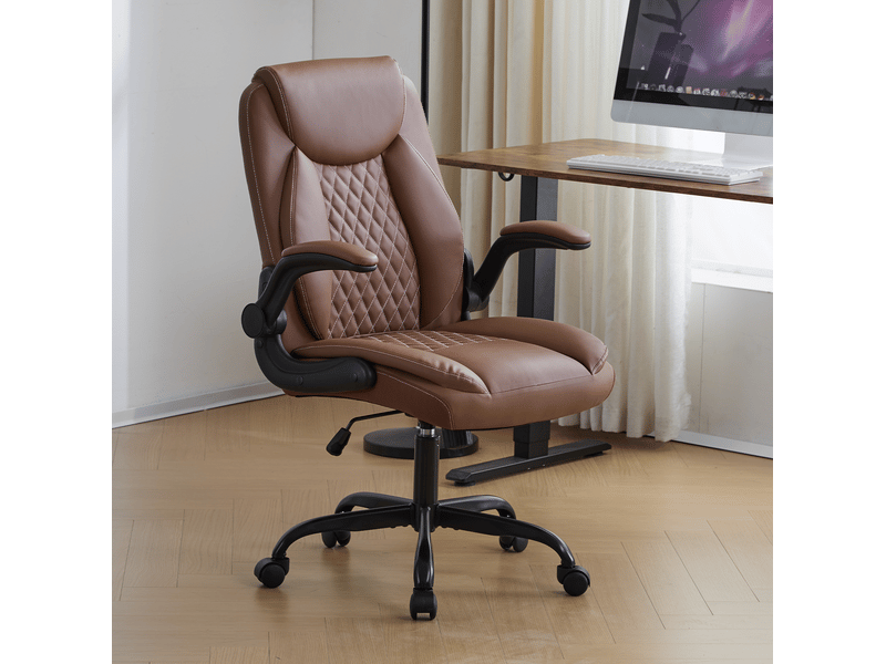 Fauteuil de bureau ergonomique marron en similicuir avec accoudoirs relevables - Conforama B