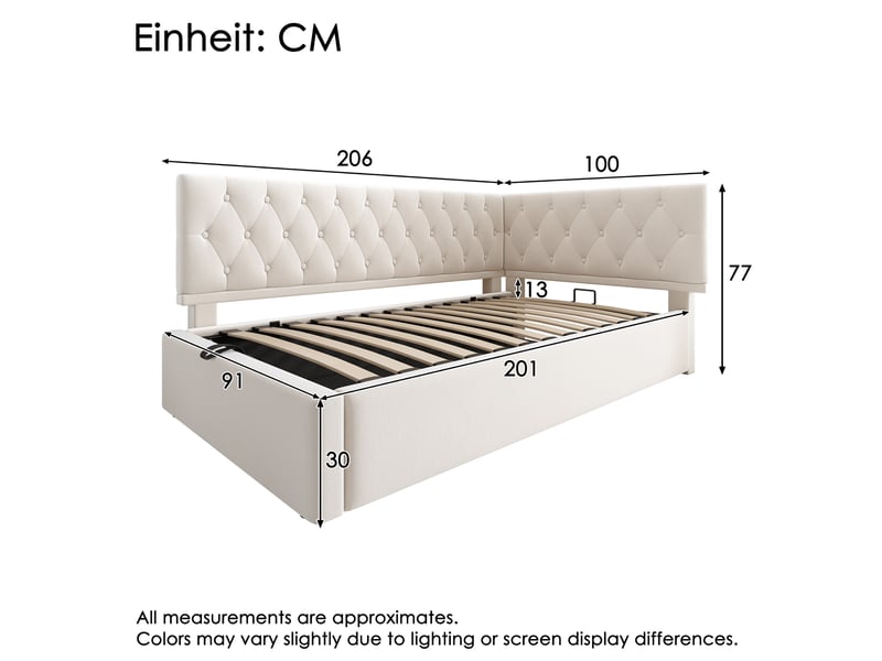  Modenvie lit banquette 90x200 cm - rangement hydraulique, tête de lit réversible, sans matelas - beige  - Conforama C