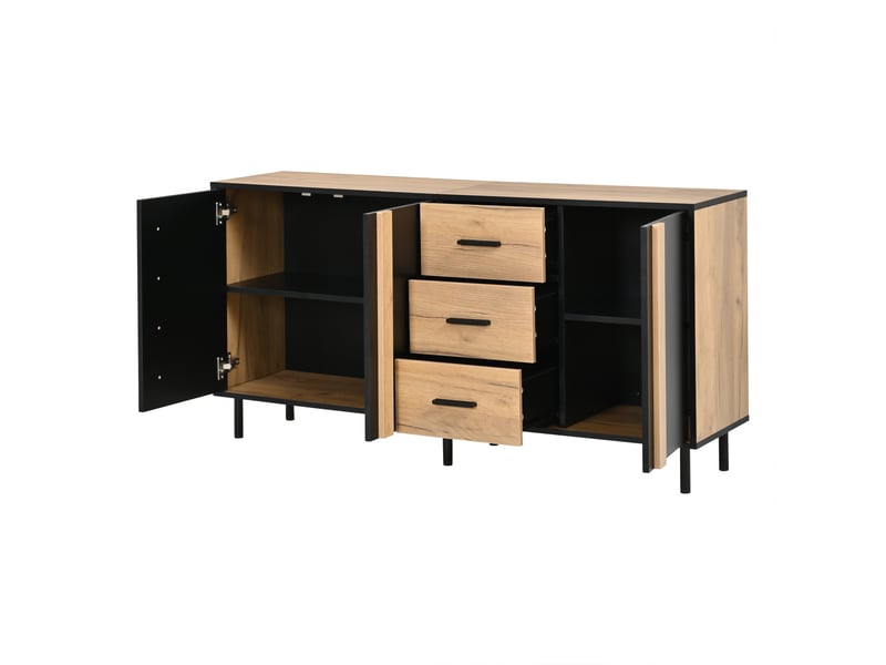  Buffet salon noir et bois 140 cm, commode 3 portes 3 tiroirs, meuble de rangement en mdf  - Conforama W