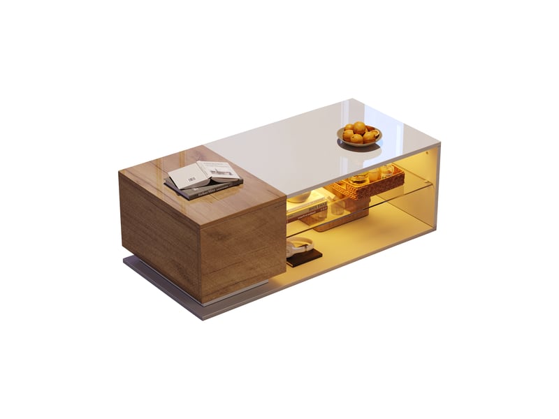  Table basse led avec contrôle par application, table de salon avec espace de rangement, 105x50x36cm, blanc et chêne.  - Conforama A