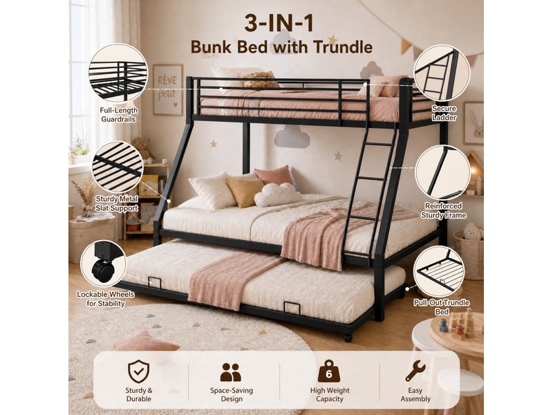  Lit superposé gigogne fermé 204,5x146x160 cm, 3 couchages, échelle inclinée, garde-corps anti-chute, fer noir, sans matelas  - Conforama E